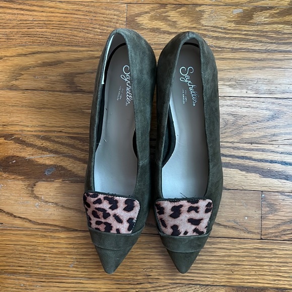 Anthropologie Seychelles Clear Cut Olive Green Suede Leopard Suede Heels - Picture 2 of 10